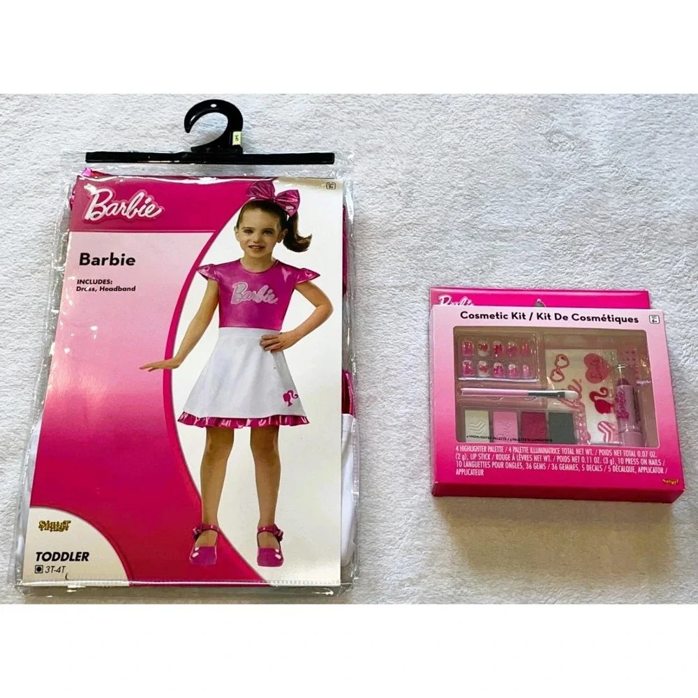 NWT Barbie Halloween Costume Dress w Headband Cosmetic Kit w Nail Set 3T 4T